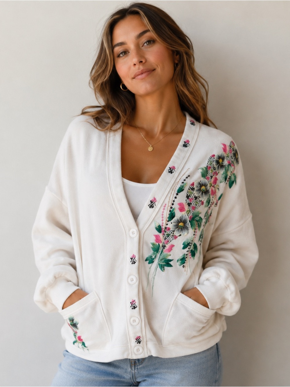 Jerzees Vintage White Cardigan Sweater